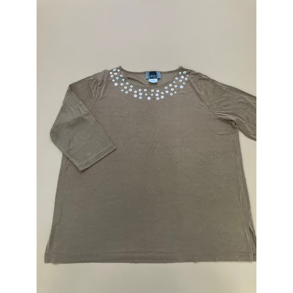 Slinky Brand Embellished Top 3/4 Sleeve Knit Blouse Casual Brown Plus Petite P2X - Picture 1 of 11